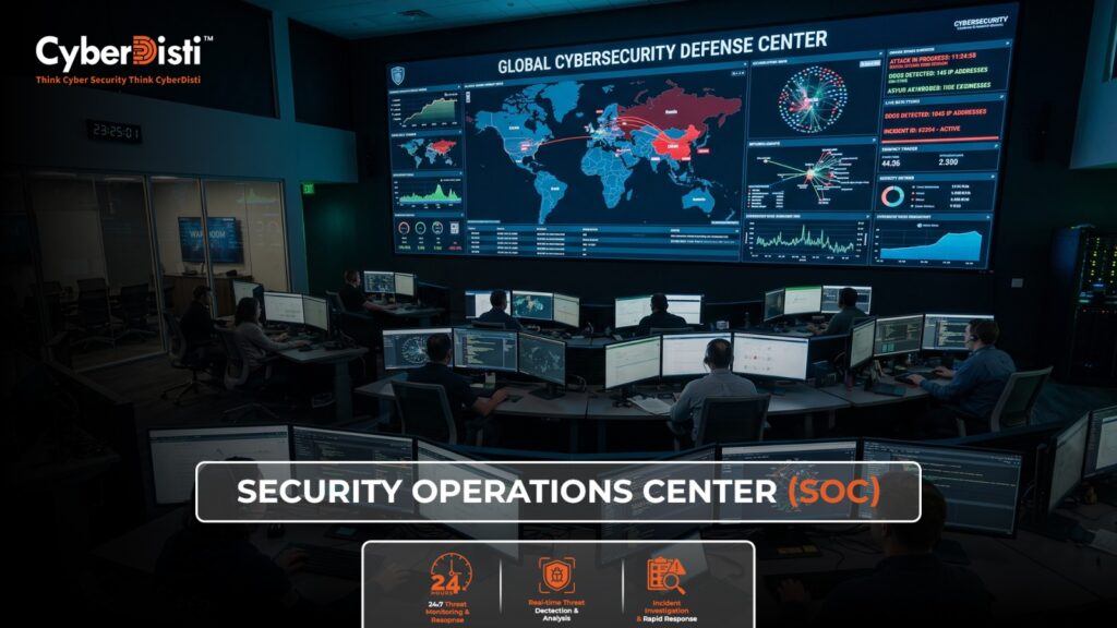Security Operations Center SOC dashboard with analysts monitoring cybersecurity threats in real time